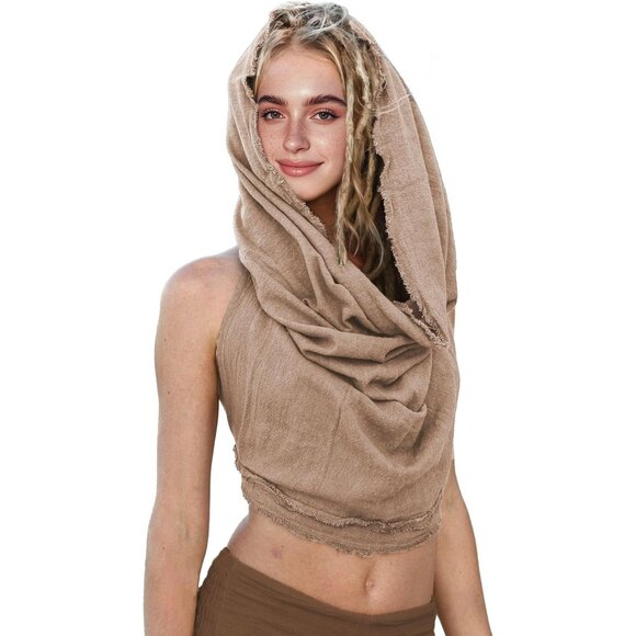 ⚡Women's Beige Crop Tank Boho Open Back Cross Wrap Swim Cover Up Top - Picture 1 of 7